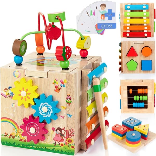 First Birthday Gift: 8-in-1 Wooden Montessori Activity Cube for Toddlers