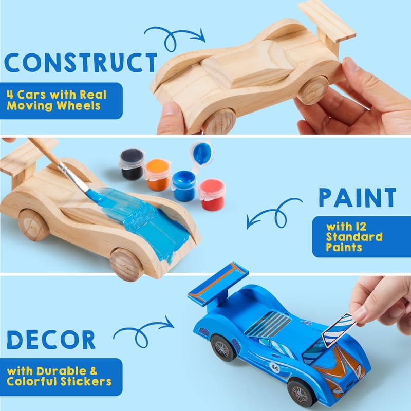 DIY Wooden Race Car Kit - 4 Assemble & Paint Crafts for Kids