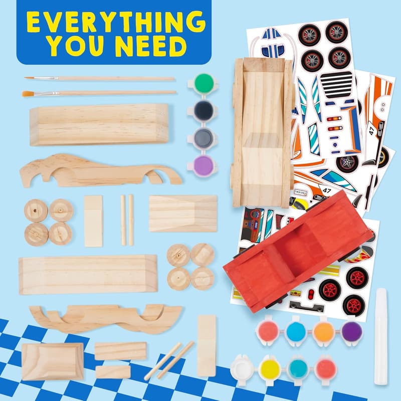 DIY Wooden Race Car Kit - 4 Assemble & Paint Crafts for Kids