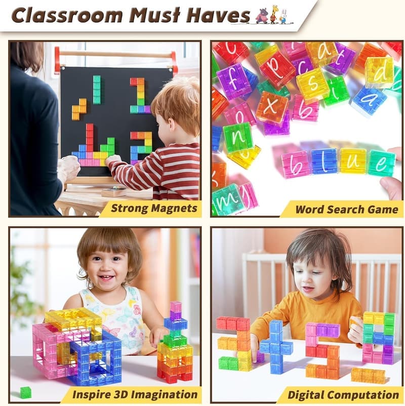 Magnetic Building Blocks Set - 45 Transparent Cubes for Ages 3+