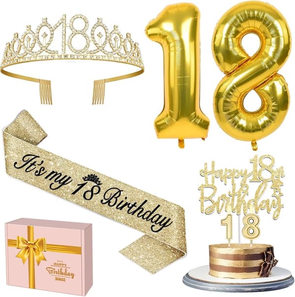 18th Birthday Decorations: Gold Tiara, Sash, Balloons & Cake Topper