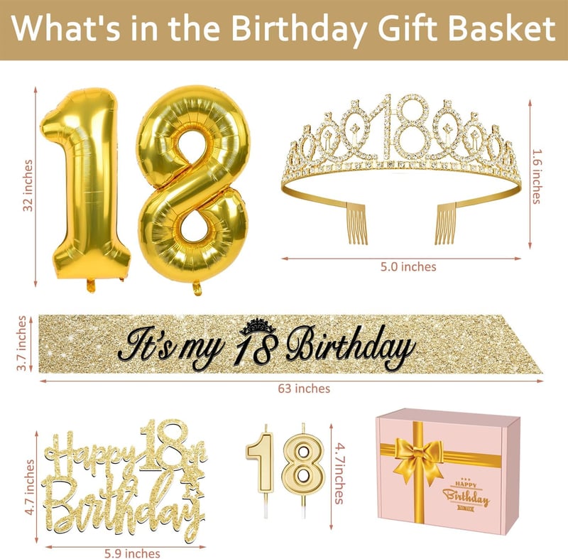 18th Birthday Decorations: Gold Tiara, Sash, Balloons & Cake Topper