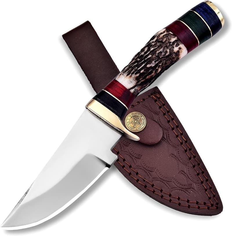 Handmade Damascus Stag Antler Knife with Leather Sheath