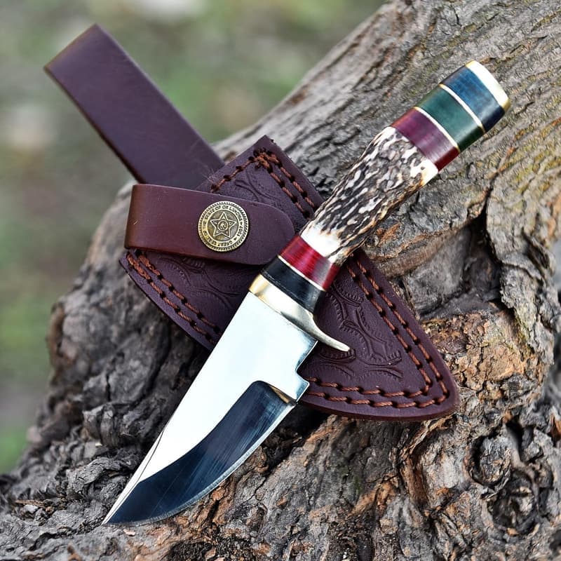Handmade Damascus Stag Antler Knife with Leather Sheath
