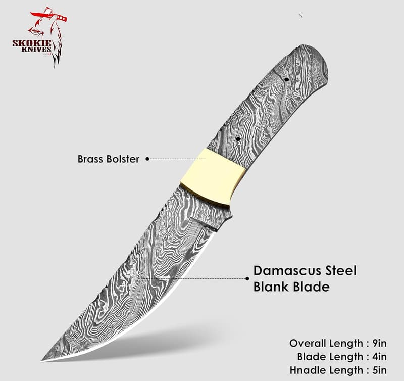 Skokie Knives Custom Damascus Steel Blank Blade Knife Making Use 9.0'' -Handmade Premium Quality Edge Fixed Blade–Multipurpose–Ideal for Survival Camping Hiking Outdoor Every Day Carry Professional