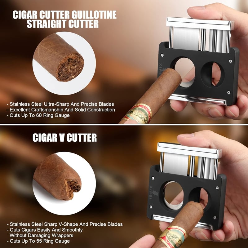 Ergonomic Cigar Cutter V-Cut with Punch & Holder - Black