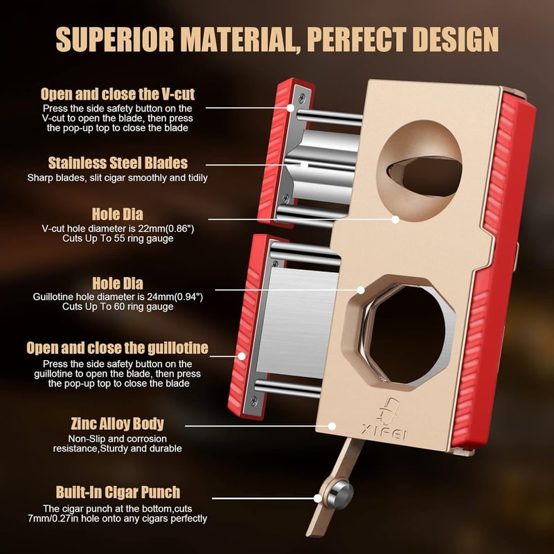 3-in-1 Cigar Cutter with V Cut & Punch - Stainless Steel Gold