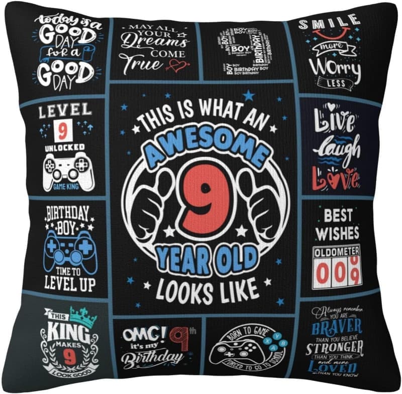 9th Birthday Throw Pillow Cover for Boys, 18×18 Inches