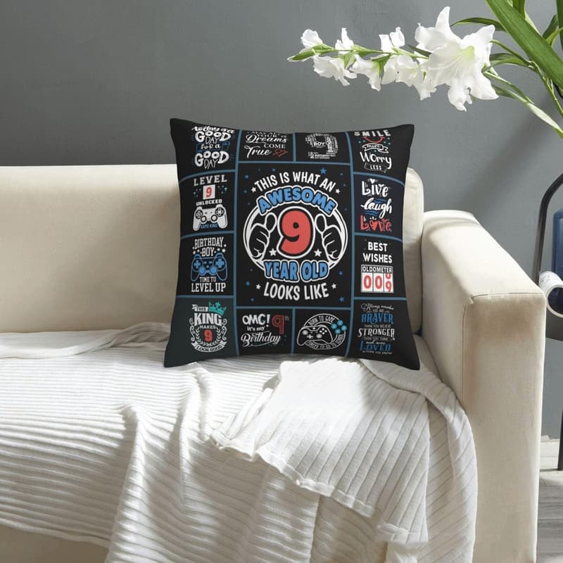 9th Birthday Throw Pillow Cover for Boys, 18×18 Inches