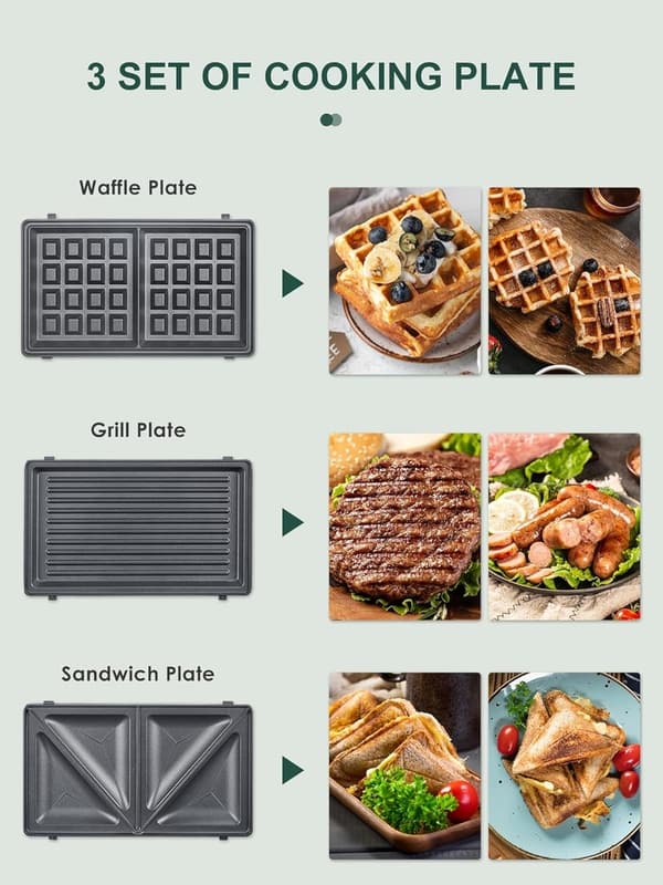 3-in-1 Waffle, Grill & Sandwich Maker with Non-Stick Plates
