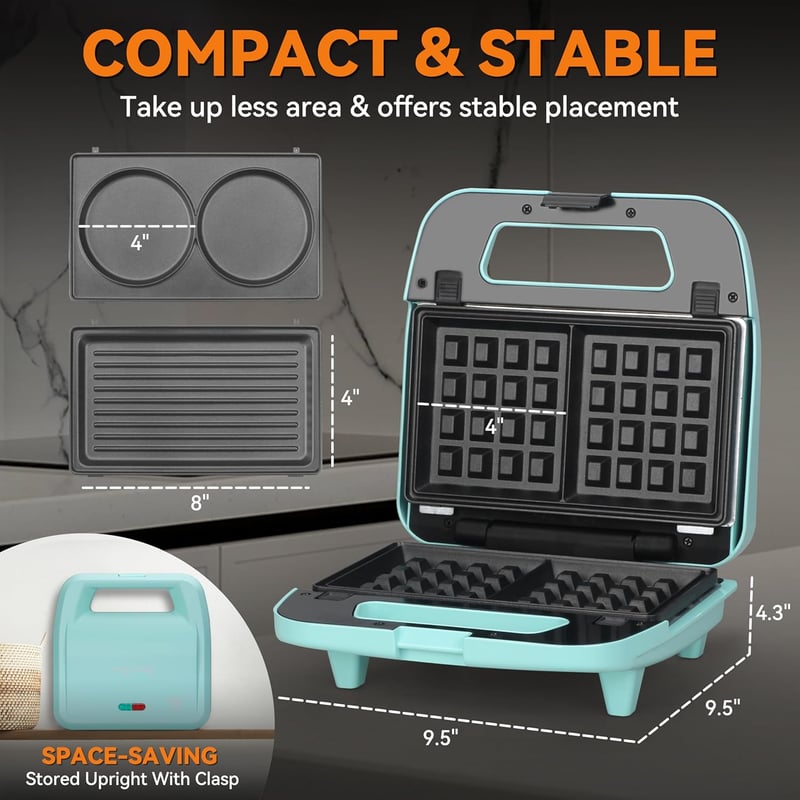 3-in-1 Mini Waffle Maker & Pancake Grill - Aqua