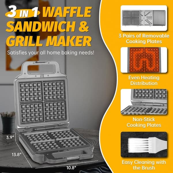 3-in-1 Belgian Waffle Maker with Removable Plates