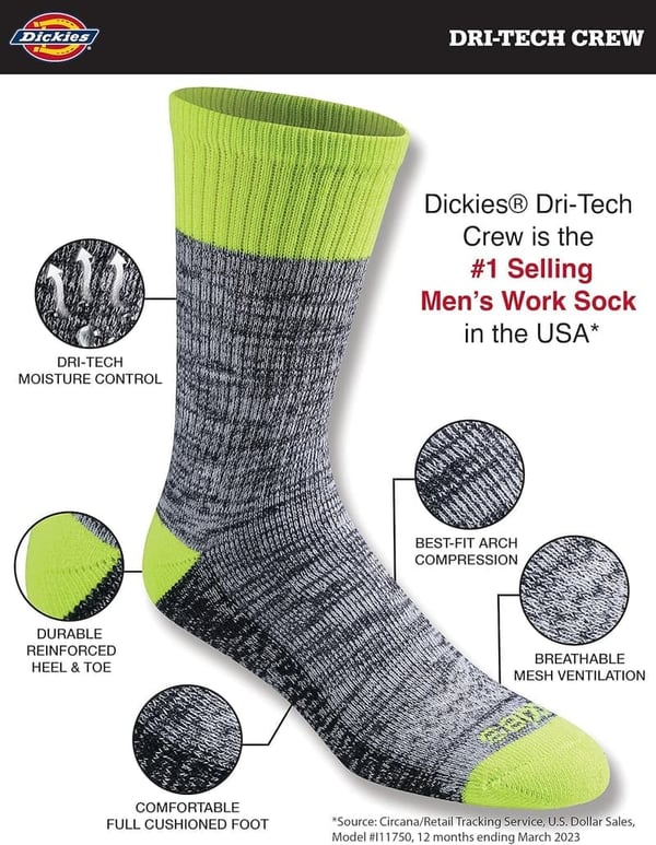 Dickies Men's Dri-Tech Moisture Control Crew Socks (6-18 Pairs)