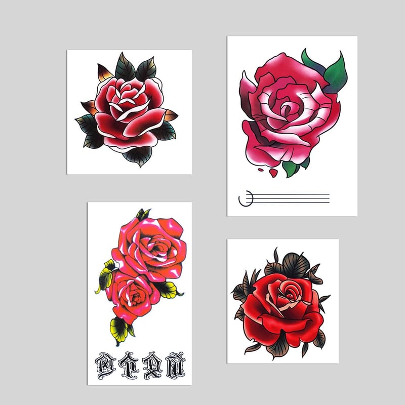 Temporary Waterproof Red Rose Flower Tattoo Stickers - 4 Sheets