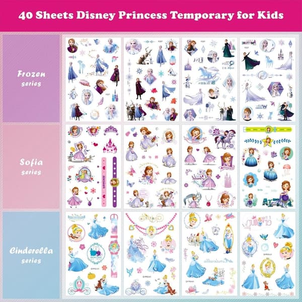 Princess Themed Temporary Tattoos Set for Kids - 40 Sheets