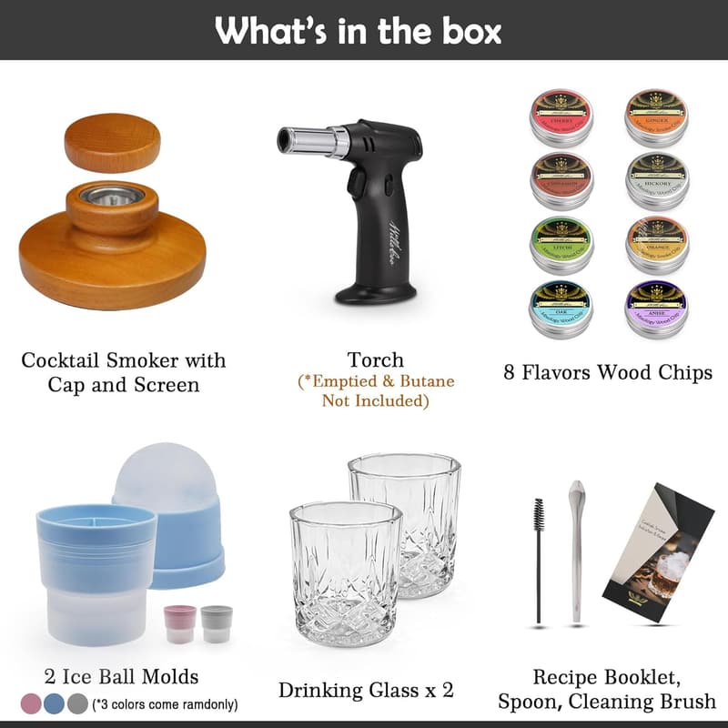 Whiskey Smoker Kit: 2 Glasses, 8 Flavor Wood Chips, Torch