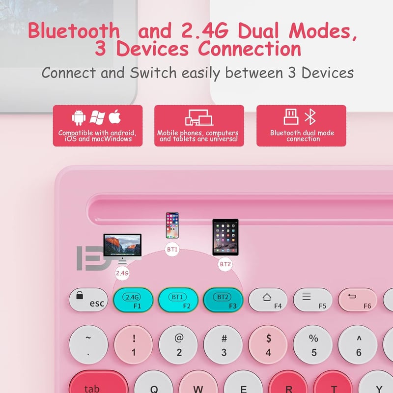 Pink Wireless Keyboard - Multi-Device Bluetooth & 2.4G