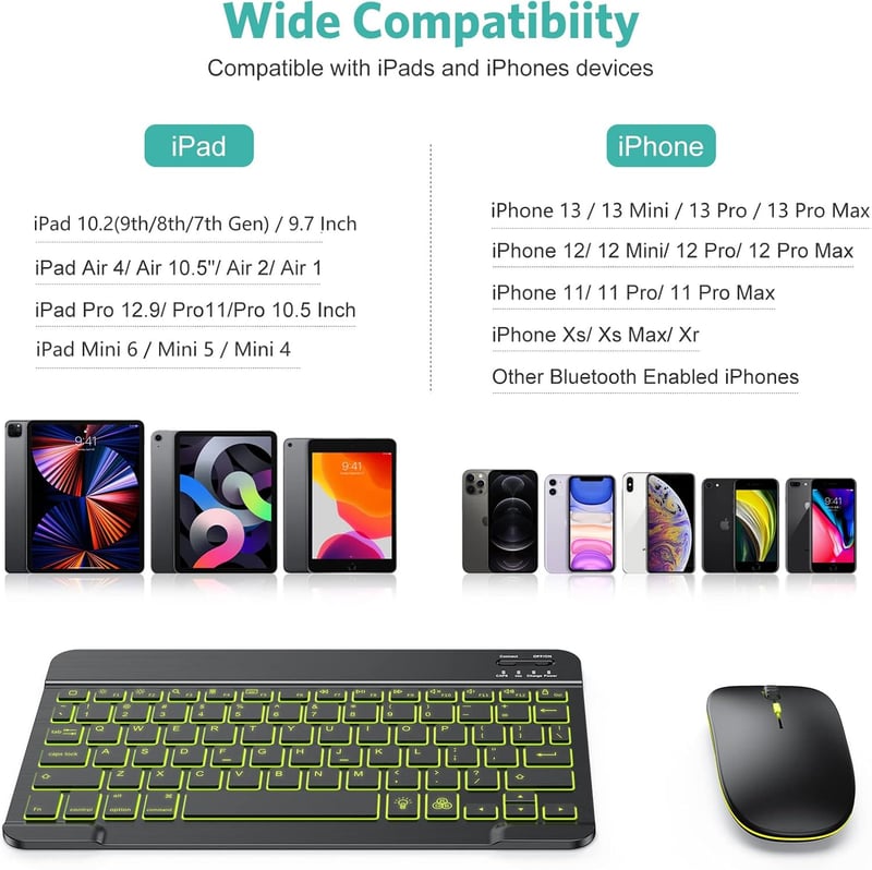 Wireless Bluetooth Keyboard & Mouse Combo for iPad, 7-Color Backlit