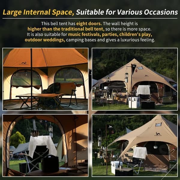 Glamping Canvas Bell Tent with Stove Jack, 16.4ft x 9.2ft