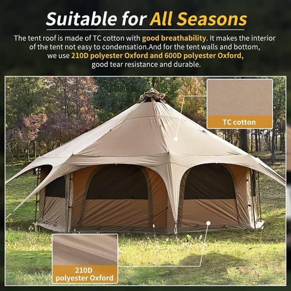 Glamping Canvas Bell Tent with Stove Jack, 16.4ft x 9.2ft