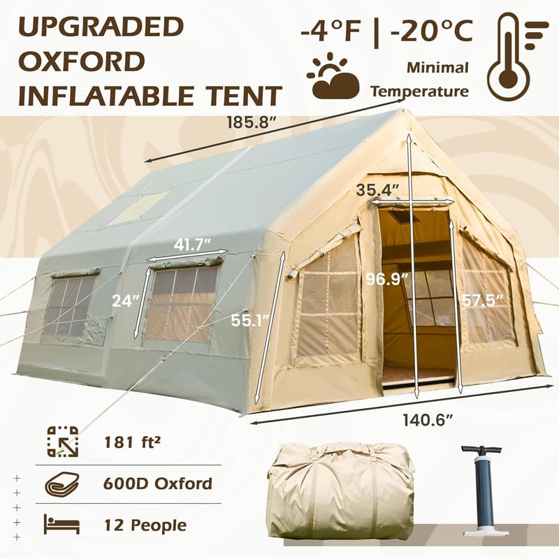 4-Season Inflatable Camping Tent for 4-12 People with Skylight