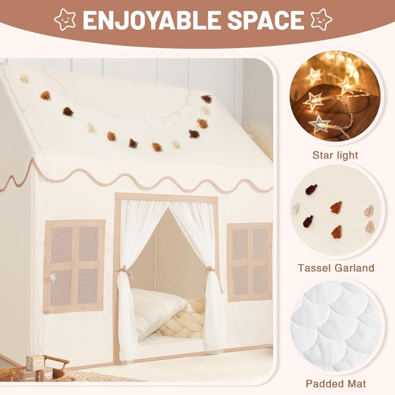 Indoor Play Tent for Toddlers with Mat, Lights & Garland