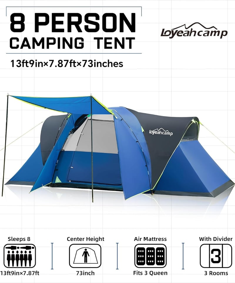 Waterproof 8-Person Family Camping Tent with 3 Rooms