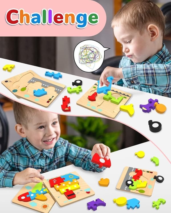 Montessori Vehicle Shape Wooden Puzzles for Toddlers (1-3 Years)