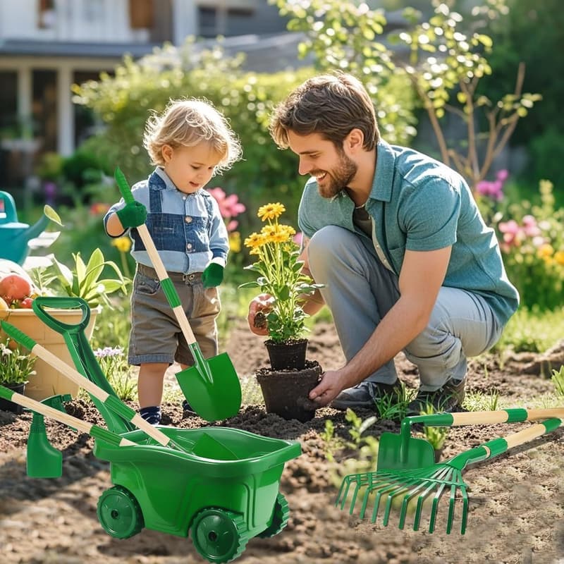 Kids Gardening Tools Set - 7-Piece Wheelbarrow for Ages 2+