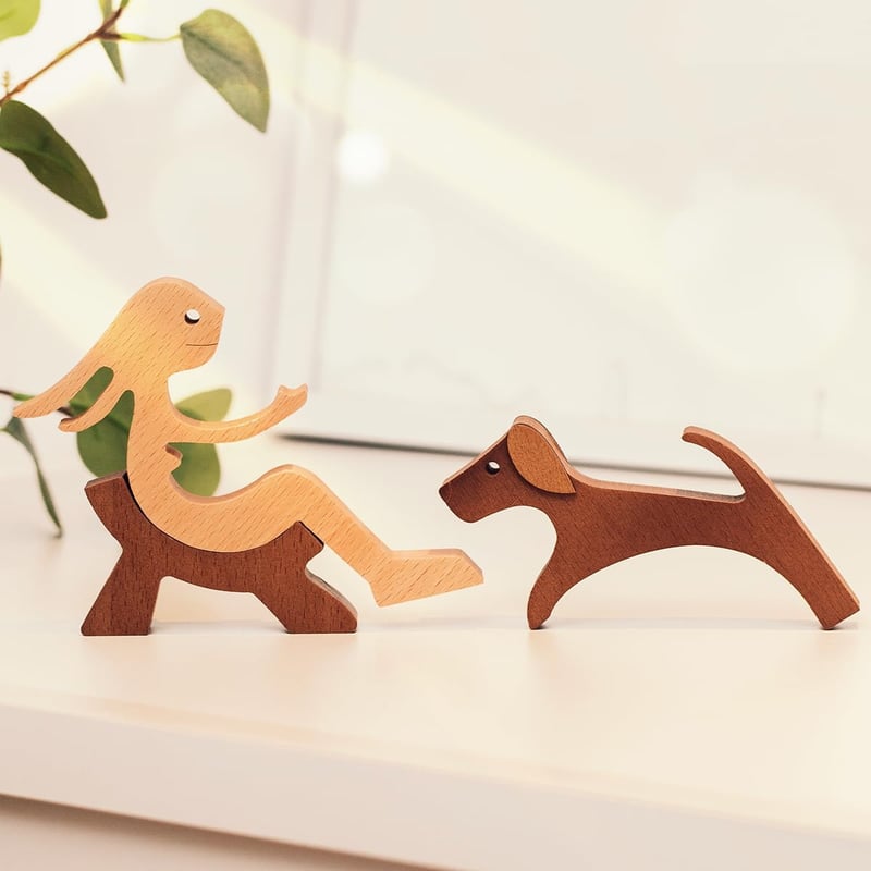 Hand-Carved Wooden Dog and Woman Statue for Dog Lovers