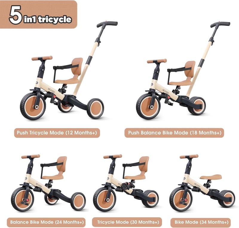 5-in-1 Toddler Tricycle with Push Handle for Ages 1-3