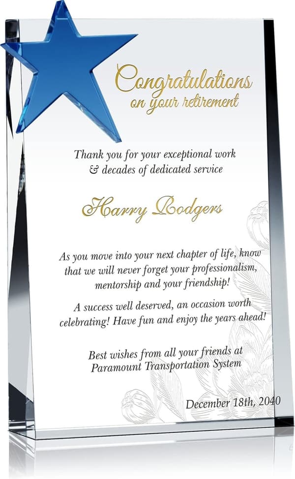 Customized Crystal Retirement Plaque for Him or Her