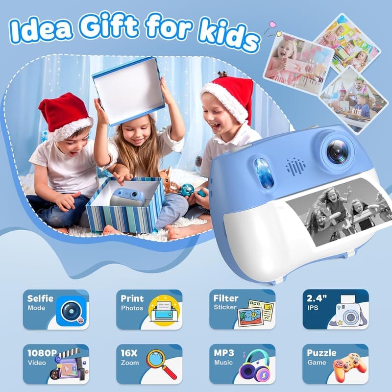 Kids Instant Print Dual Lens Camera - Fun Birthday Gift, Blue