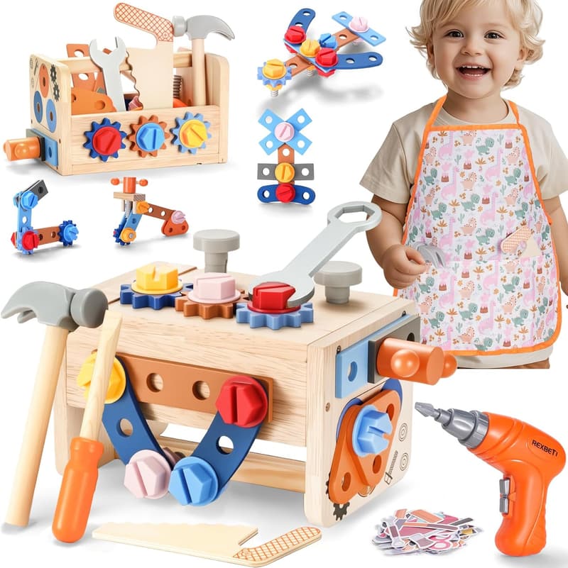 Montessori 43-Piece Kids Wooden Tool Set with Drill & Stickers