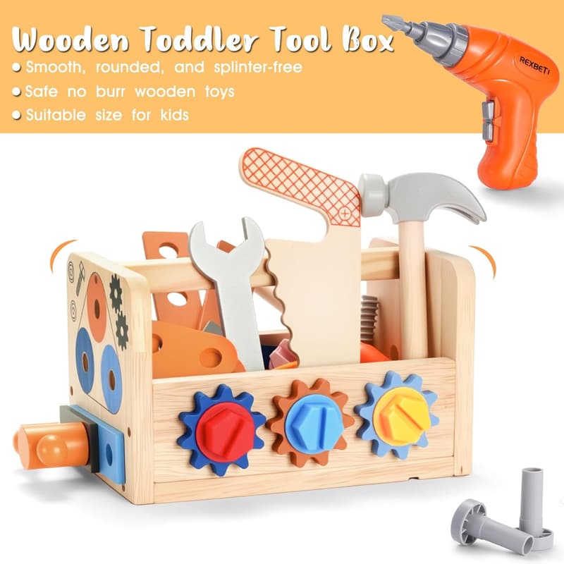 Montessori 43-Piece Kids Wooden Tool Set with Drill & Stickers