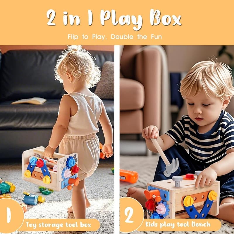 Montessori 43-Piece Kids Wooden Tool Set with Drill & Stickers