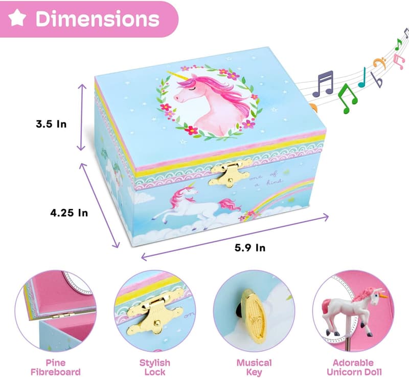 Musical Jewelry Storage Box for Girls - Spinning Unicorn Design