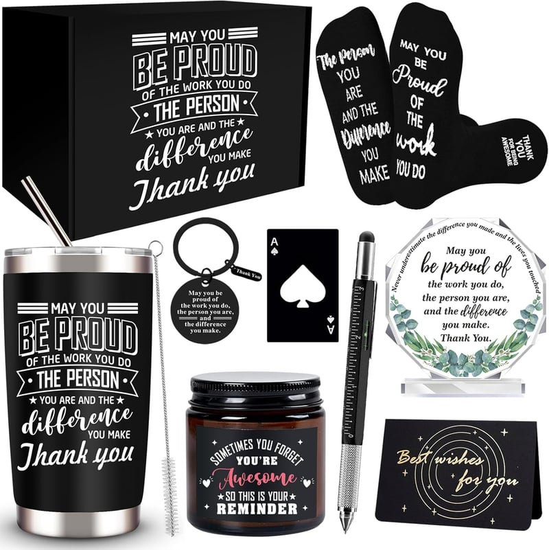 Employee Appreciation Gift Set: Tumbler, Candle, Socks, Plaque