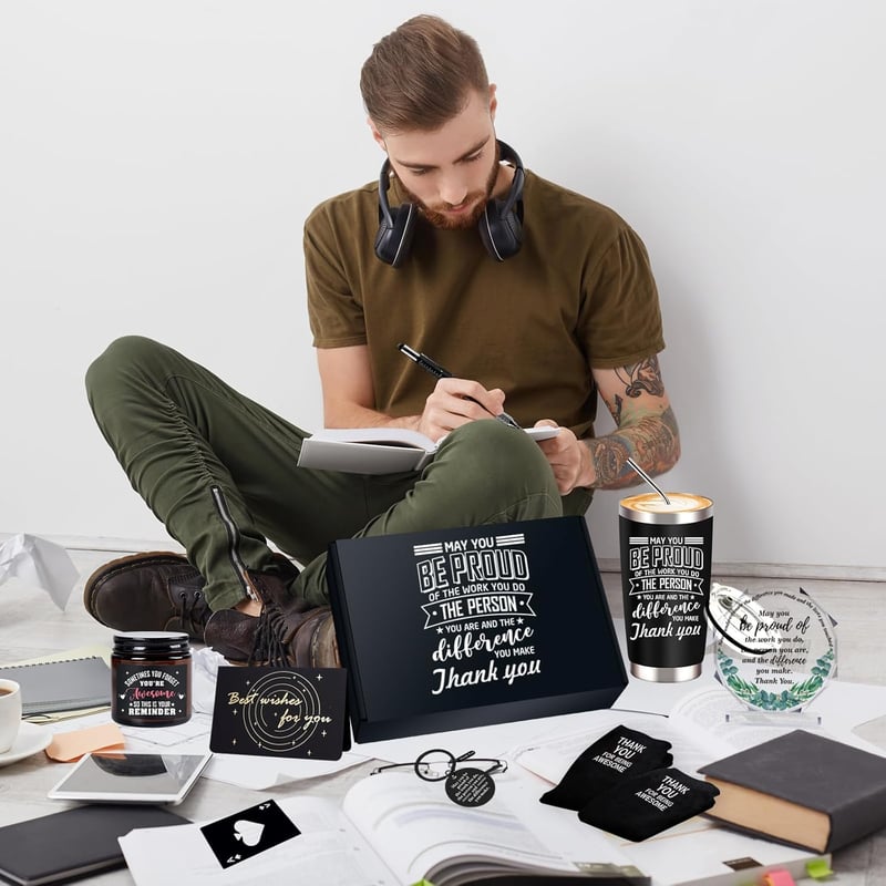 Employee Appreciation Gift Set: Tumbler, Candle, Socks, Plaque