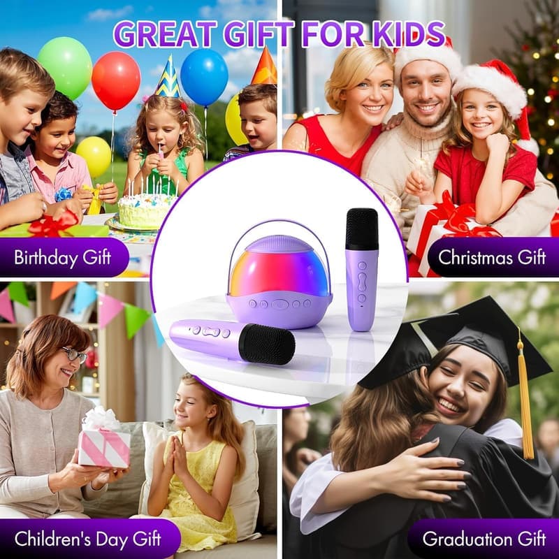 Portable Karaoke Machine with 2 Microphones for Kids (Purple)