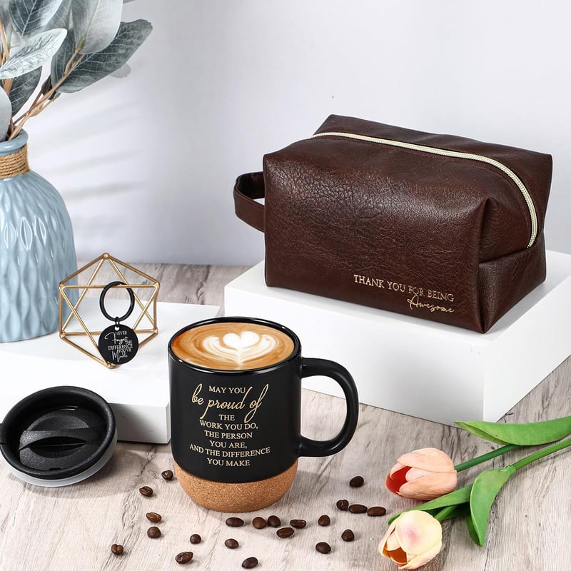 Thank You Gift Set for Men: Leather Toiletry Bag & Coffee Cup