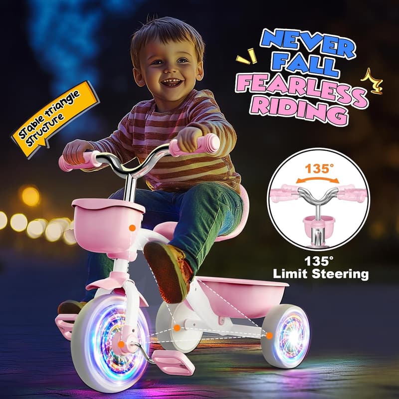 Tricycle for Toddlers Age 1-5 with Adjustable Seat and Lights