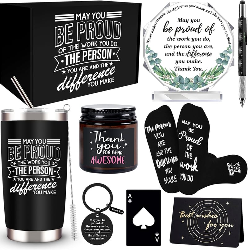 Employee Appreciation Gift Basket: Tumbler, Candle, Keychain, Sign