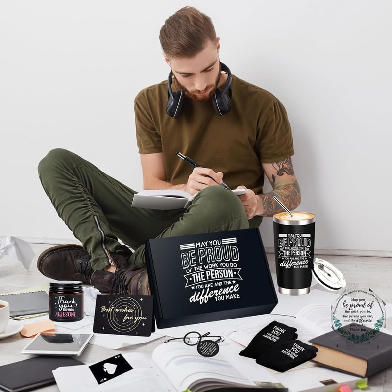 Employee Appreciation Gift Basket: Tumbler, Candle, Keychain, Sign