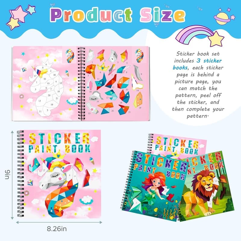 Unicorn & Mermaid Sticker Paint Books for Kids, Ages 4-10