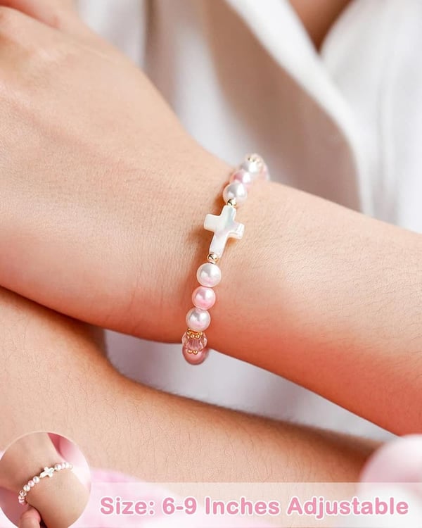 Adjustable Pink and White Pearl Cross Bracelet for Girls