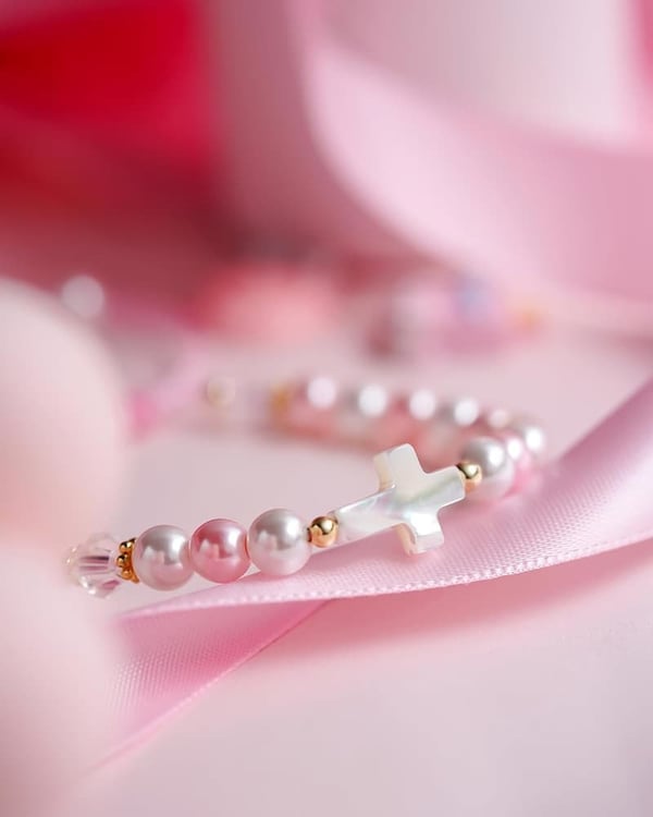 Adjustable Pink and White Pearl Cross Bracelet for Girls