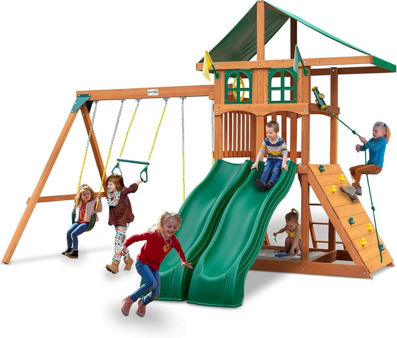 Avalon Treehouse Wooden Swing Set with Green Vinyl Canopy