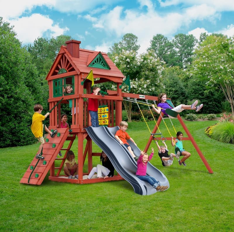 Double Down II Wood Swing Set with Roof, Slides, and Sandbox