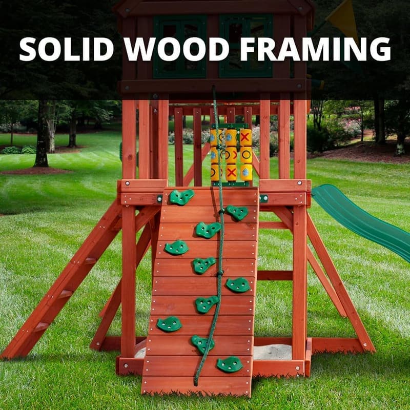 Double Down II Wood Swing Set with Roof, Slides, and Sandbox